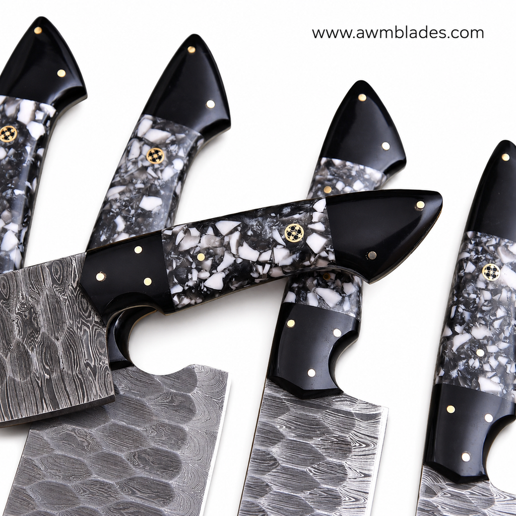 5 Piece Handmade Damascus Kitchen Knife Set with Leather Roll | Forged Damascus Steel Chef Knives | Resin & Micarta Handles | Professional Kitchen Cutlery Collection