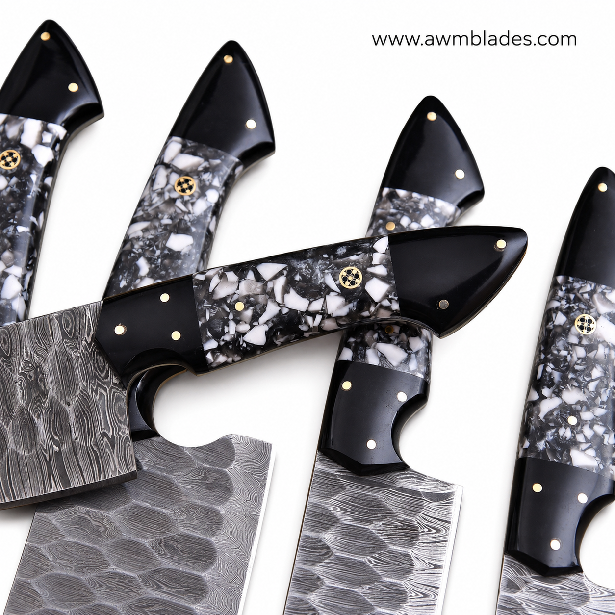 5 Piece Handmade Damascus Kitchen Knife Set with Leather Roll | Forged Damascus Steel Chef Knives | Resin & Micarta Handles | Professional Kitchen Cutlery Collection