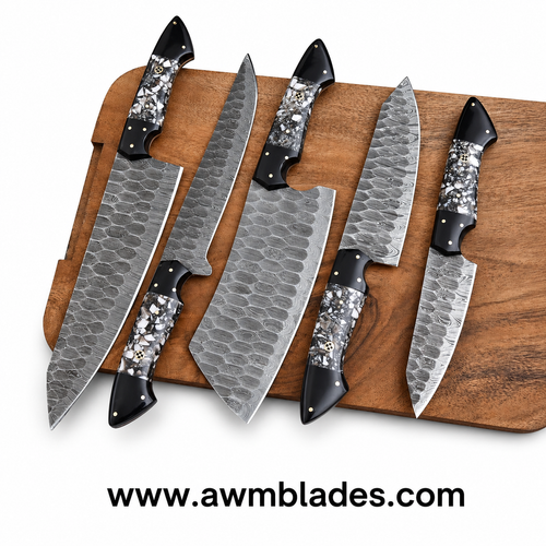 5 Piece Handmade Damascus Kitchen Knife Set with Leather Roll | Forged Damascus Steel Chef Knives | Resin & Micarta Handles | Professional Kitchen Cutlery Collection