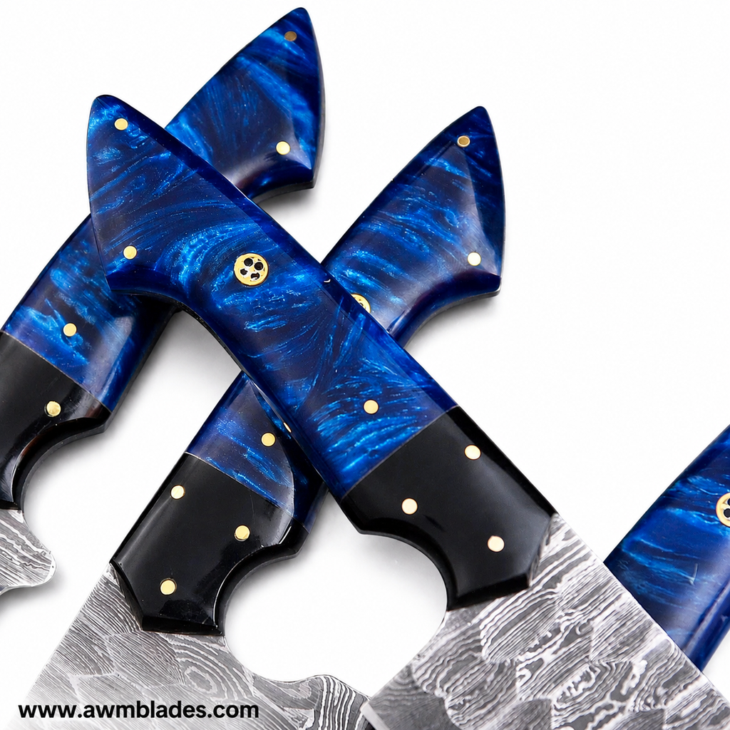 5 Piece Handmade Damascus Kitchen Knife Set with Leather Roll | Forged Damascus Steel Chef Knives | Resin & Micarta Handles | Professional Kitchen Cutlery Collection