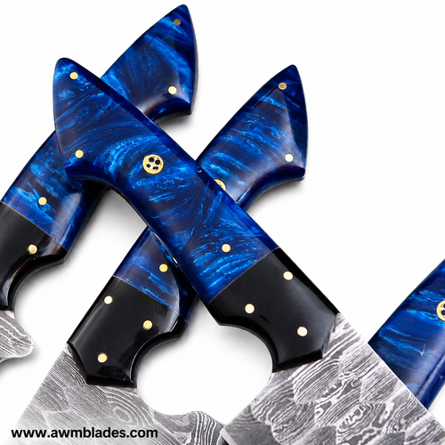 5 Piece Handmade Damascus Kitchen Knife Set with Leather Roll | Forged Damascus Steel Chef Knives | Resin & Micarta Handles | Professional Kitchen Cutlery Collection