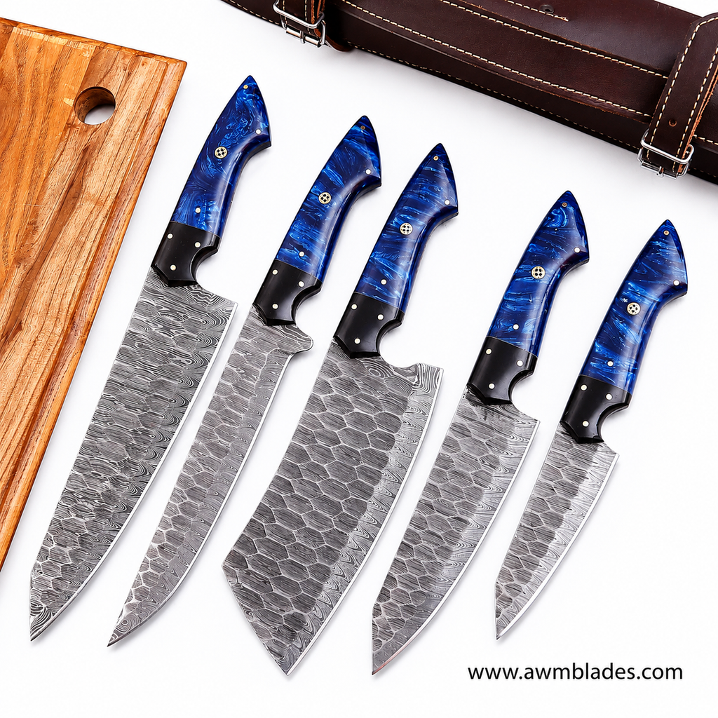 5 Piece Handmade Damascus Kitchen Knife Set with Leather Roll | Forged Damascus Steel Chef Knives | Resin & Micarta Handles | Professional Kitchen Cutlery Collection