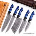 5 Piece Handmade Damascus Kitchen Knife Set with Leather Roll | Forged Damascus Steel Chef Knives | Resin & Micarta Handles | Professional Kitchen Cutlery Collection