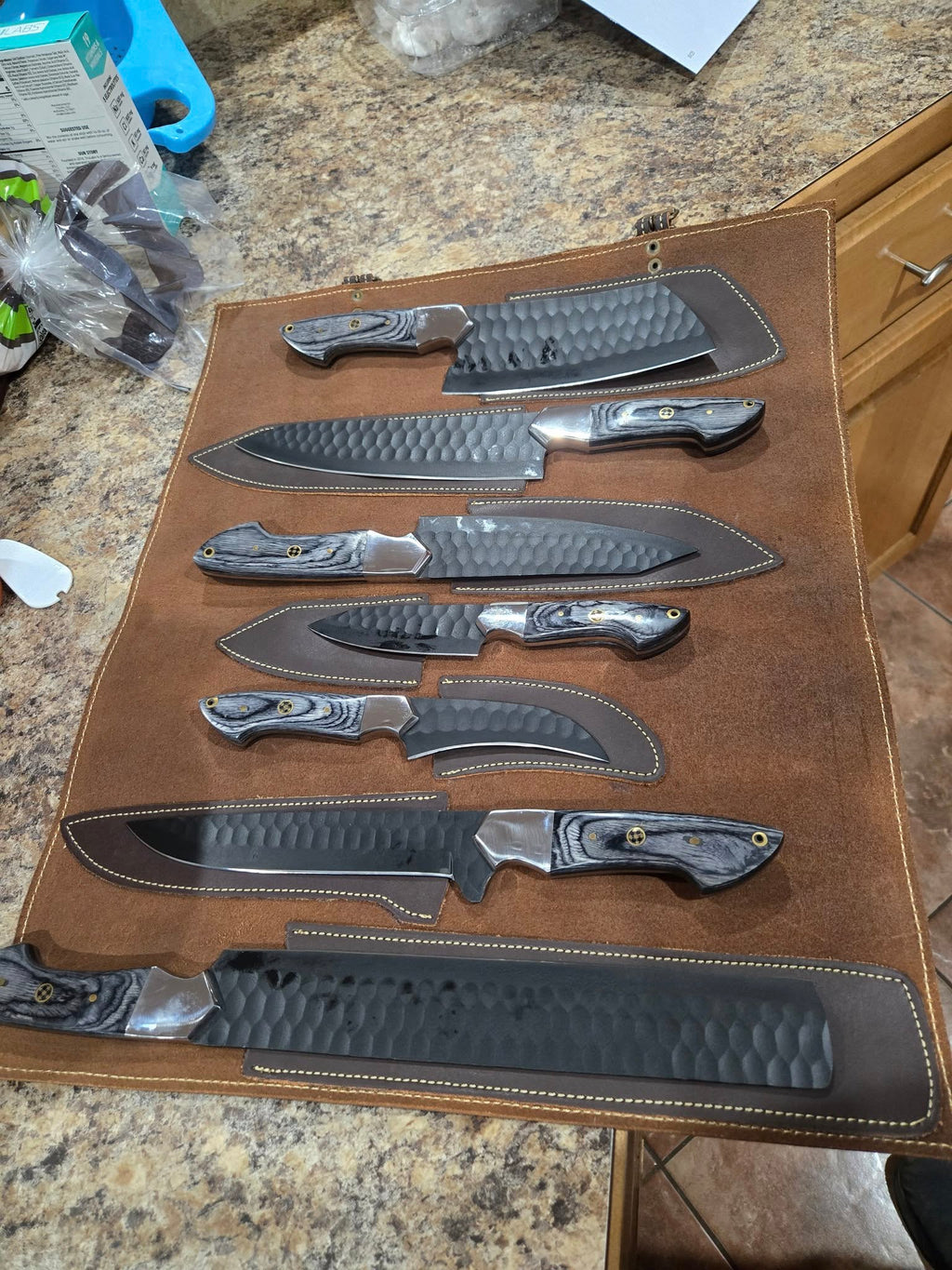 Handmade Forged steel 7 pcs Gray handles kitchen/bbq set with Leather roll