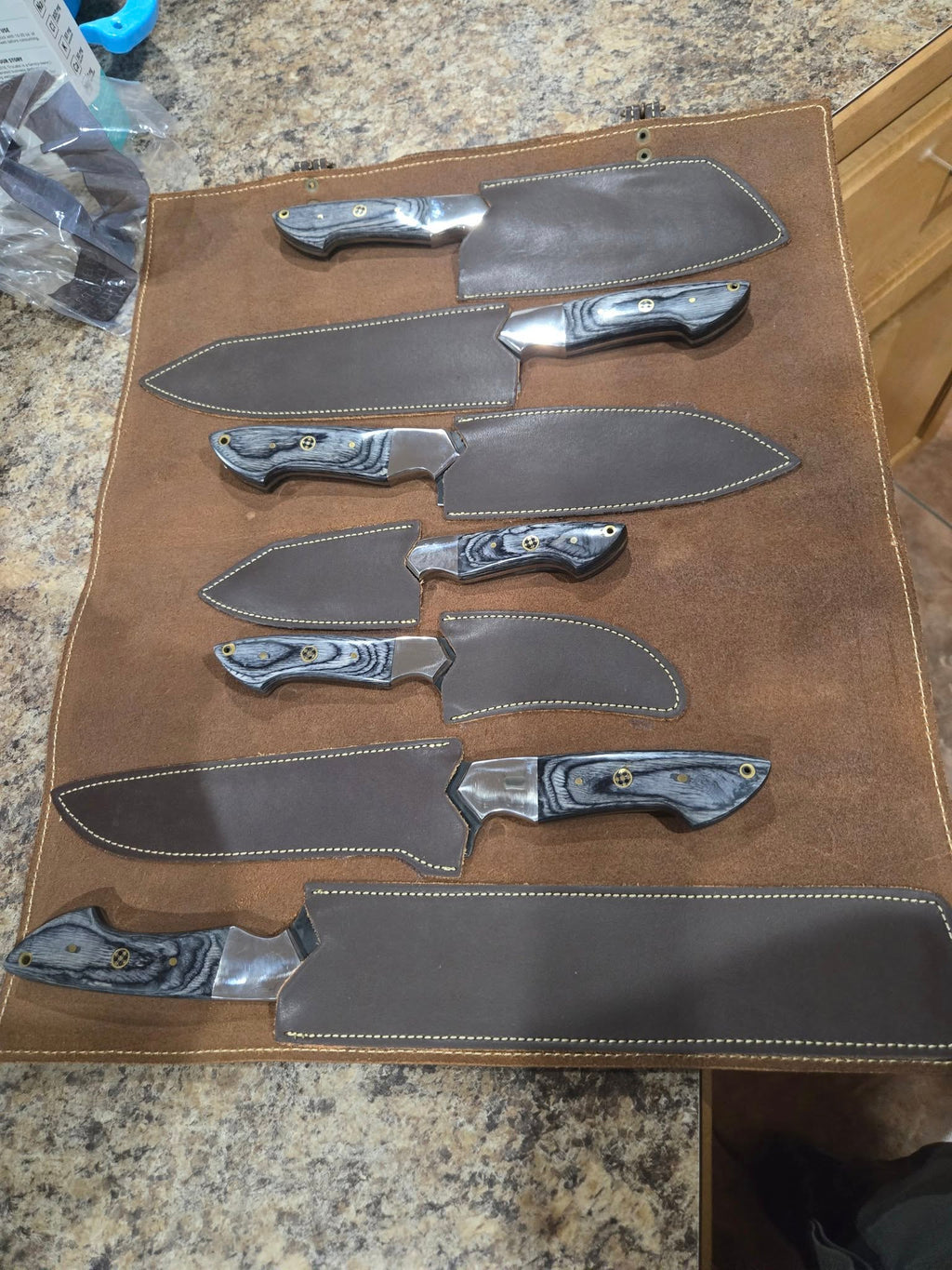 Handmade Forged steel 7 pcs Gray handles kitchen/bbq set with Leather roll