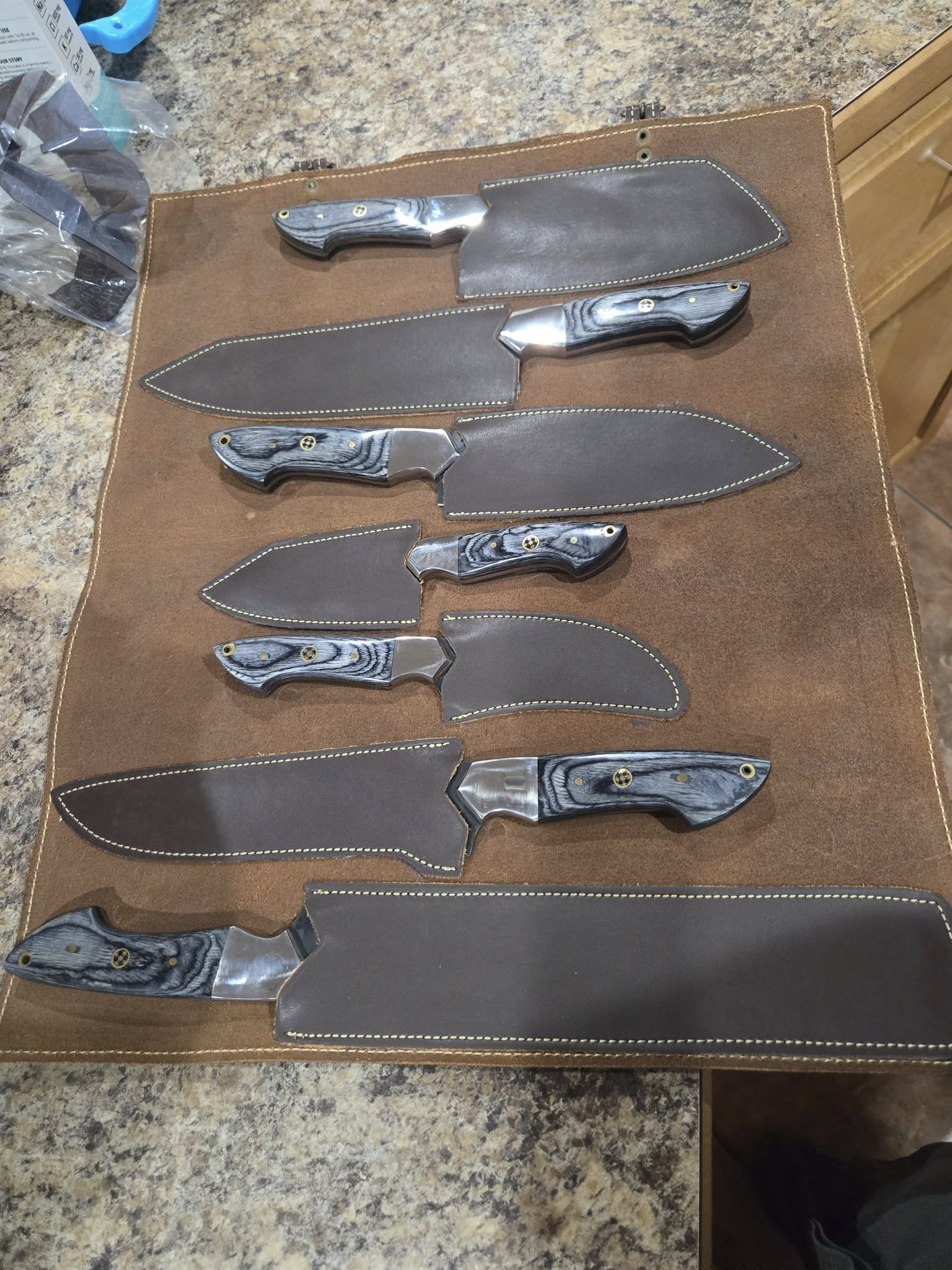 Handmade Forged steel 7 pcs Gray handles kitchen/bbq set with Leather roll