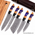 5 Piece Handmade Damascus Kitchen Knife Set with Leather Roll | Forged Damascus Steel Chef Knives | Epoxy Resin & Micarta Handles | Professional Kitchen Cutlery Collection