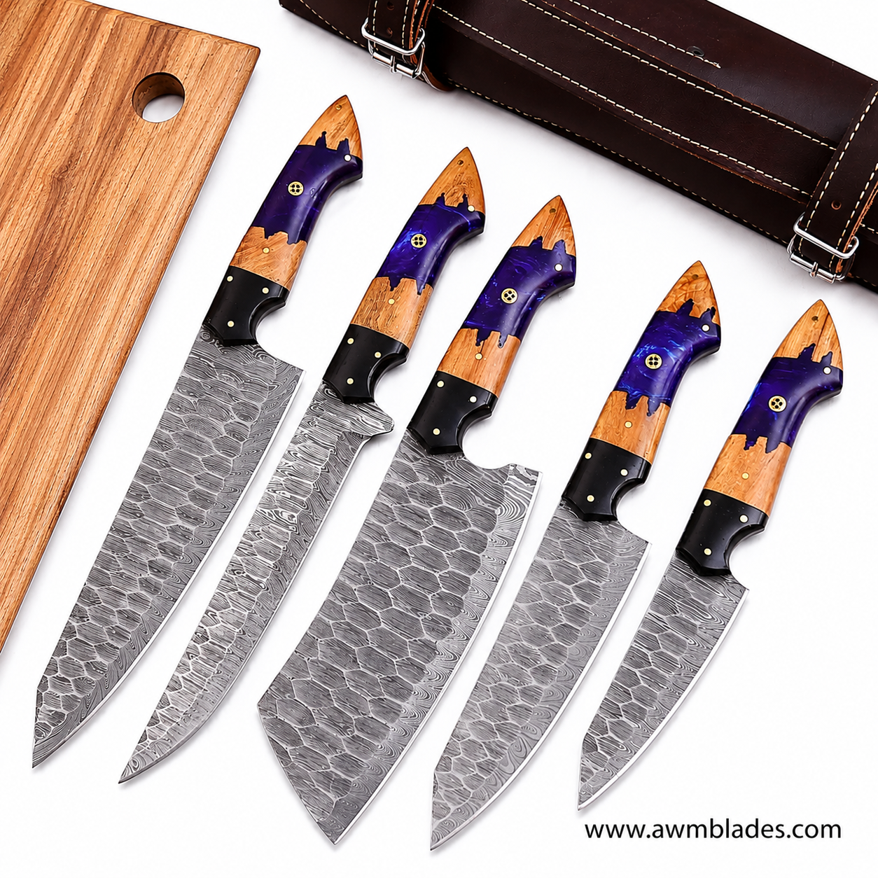 5 Piece Handmade Damascus Kitchen Knife Set with Leather Roll | Forged Damascus Steel Chef Knives | Epoxy Resin & Micarta Handles | Professional Kitchen Cutlery Collection