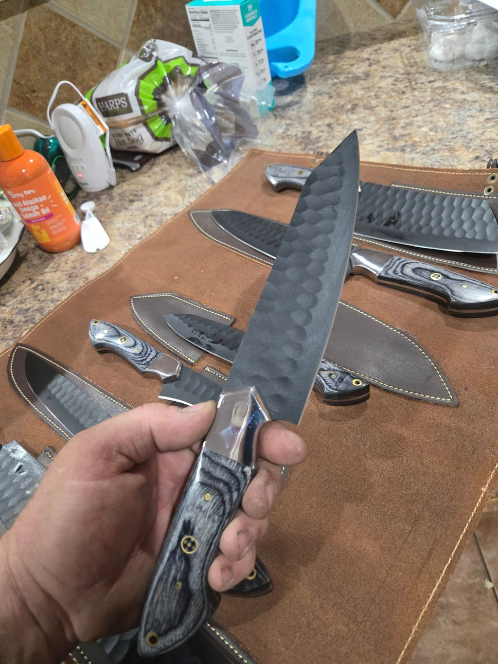 Handmade Forged steel 7 pcs Gray handles kitchen/bbq set with Leather roll