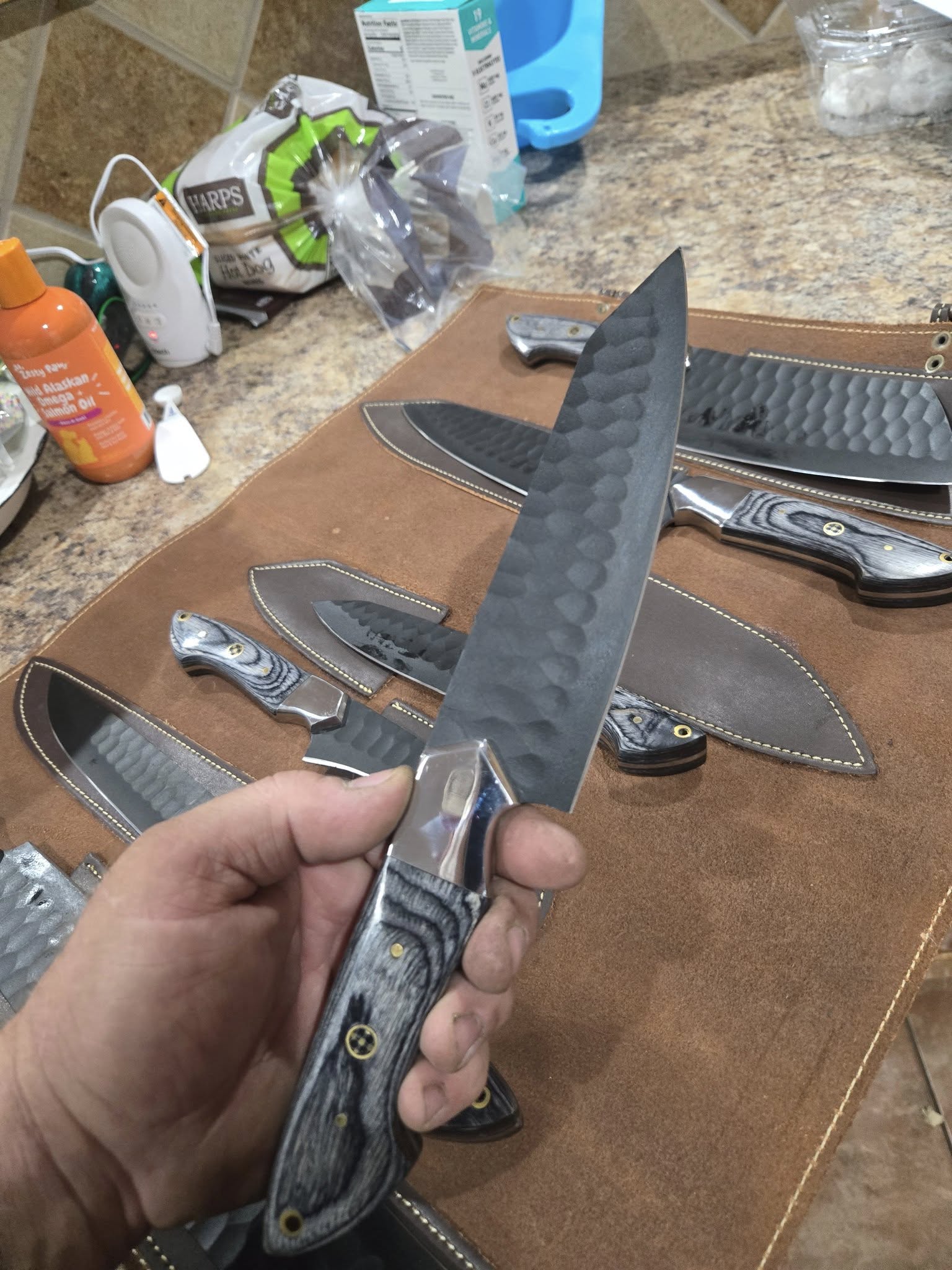 Handmade Forged steel 7 pcs Gray handles kitchen/bbq set with Leather roll