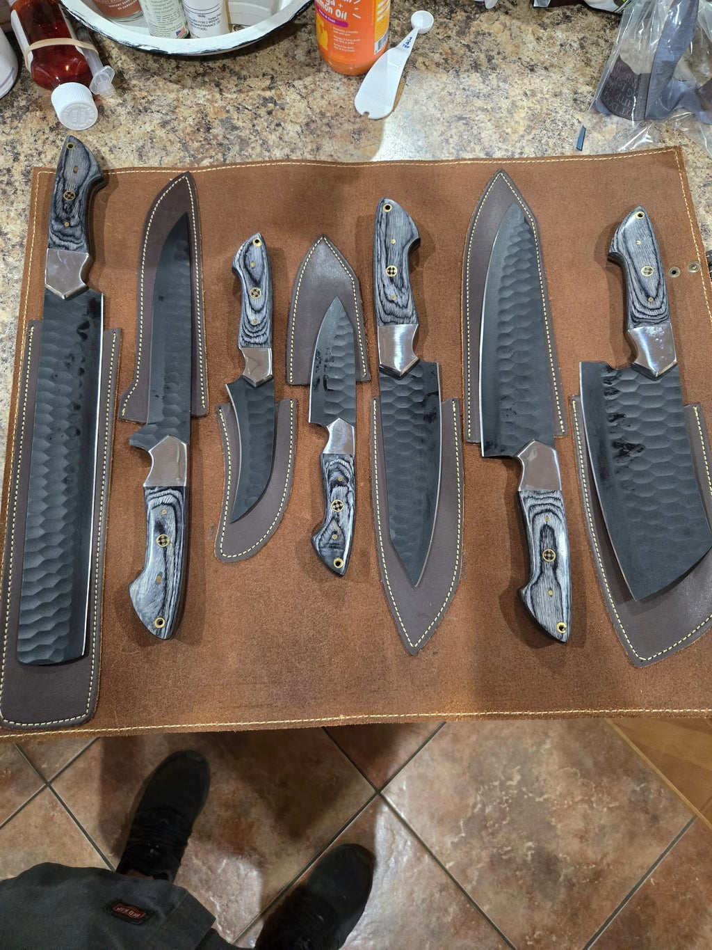 Handmade Forged steel 7 pcs Gray handles kitchen/bbq set with Leather roll