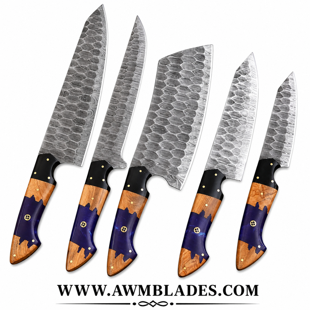 5 Piece Handmade Damascus Kitchen Knife Set with Leather Roll | Forged Damascus Steel Chef Knives | Epoxy Resin & Micarta Handles | Professional Kitchen Cutlery Collection