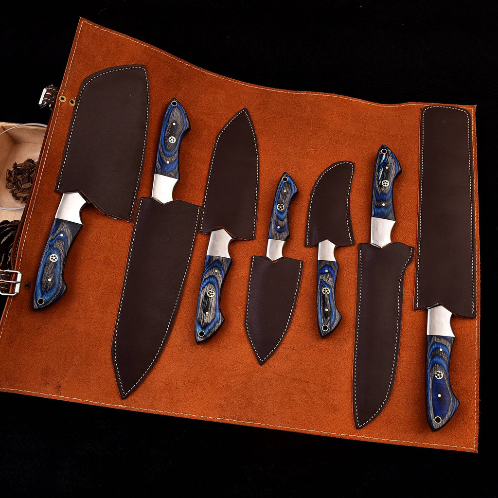 Handmade Forged steel 7 pcs Blue handles kitchen/bbq set with Leather roll