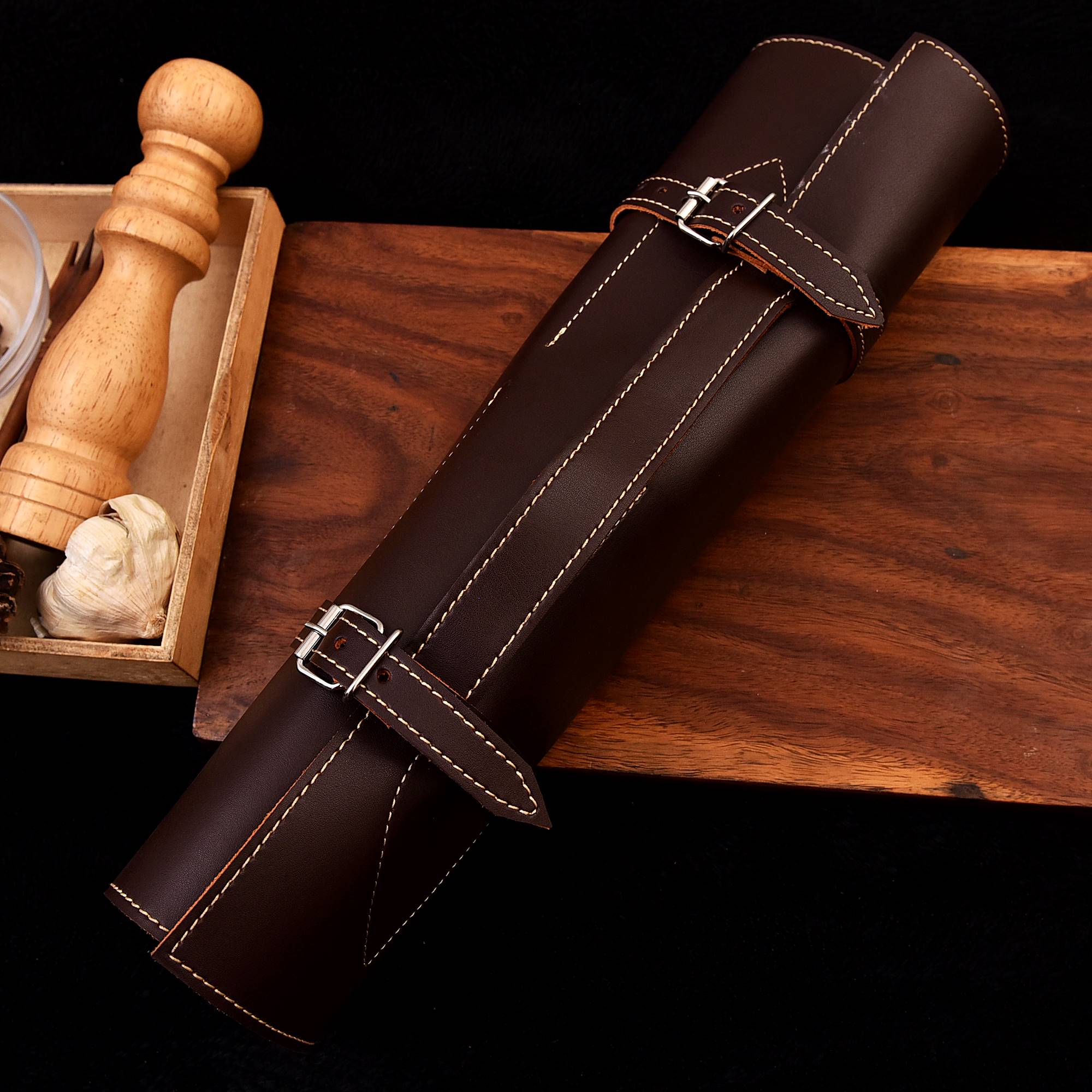 Handmade Forged steel 7 pcs Blue handles kitchen/bbq set with Leather roll