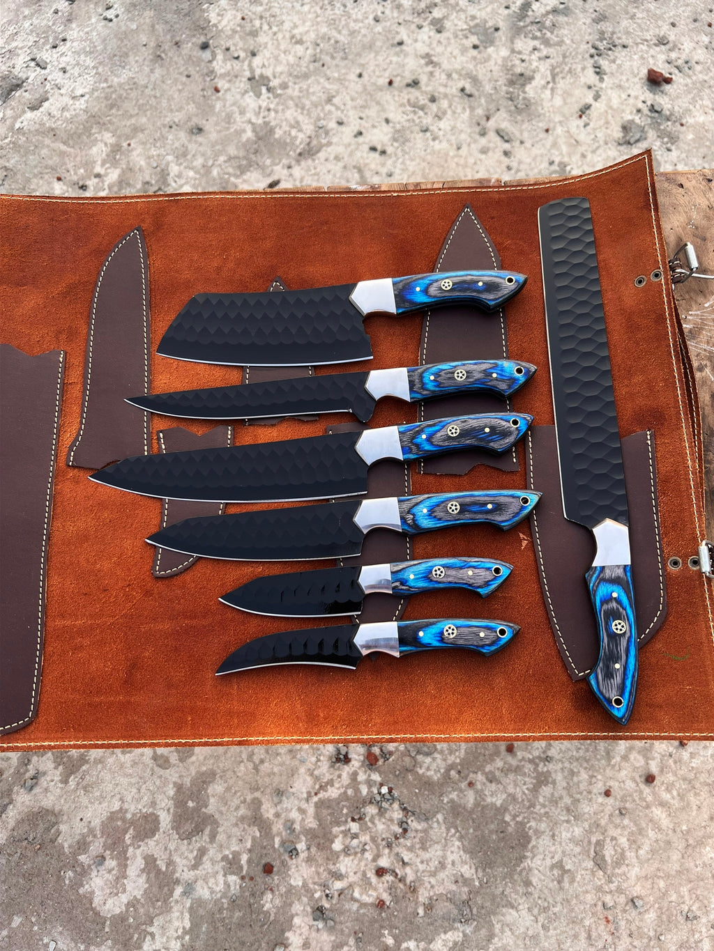 Handmade Forged steel 7 pcs Blue handles kitchen/bbq set with Leather roll