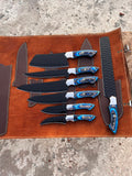 Handmade Forged steel 7 pcs Blue handles kitchen/bbq set with Leather roll