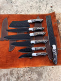Handmade Forged steel 7 pcs Gray handles kitchen/bbq set with Leather roll